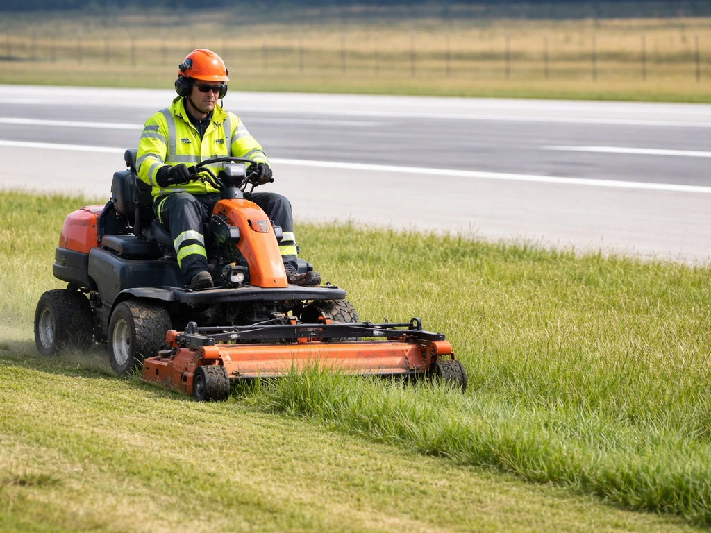 Airport grounds crew mowing grass near the runway to reduce habitat for birds