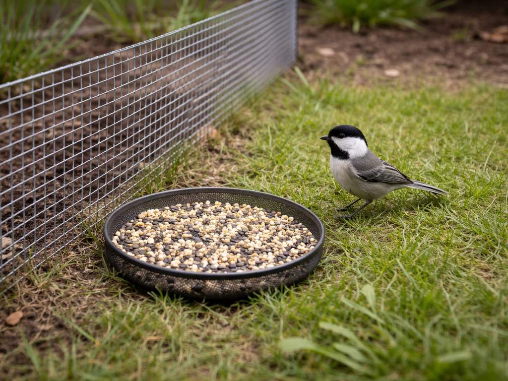 A small backyard bird near a seed tray beside a wire-mesh enclosure detail preventing rat access.