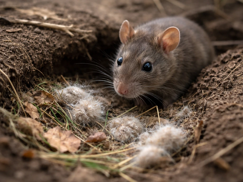 Close-up of a rat near an exposed ground nest area with soft nest material visible.