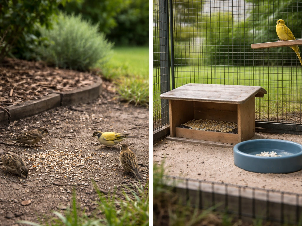 Wild ground birds pecking near scattered seed contrasted with a pet-bird enclosure feeding area.
