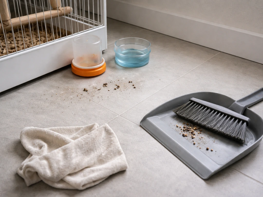 Close-up of pet bird food and water dishes with visible rat droppings on a nearby floor surface