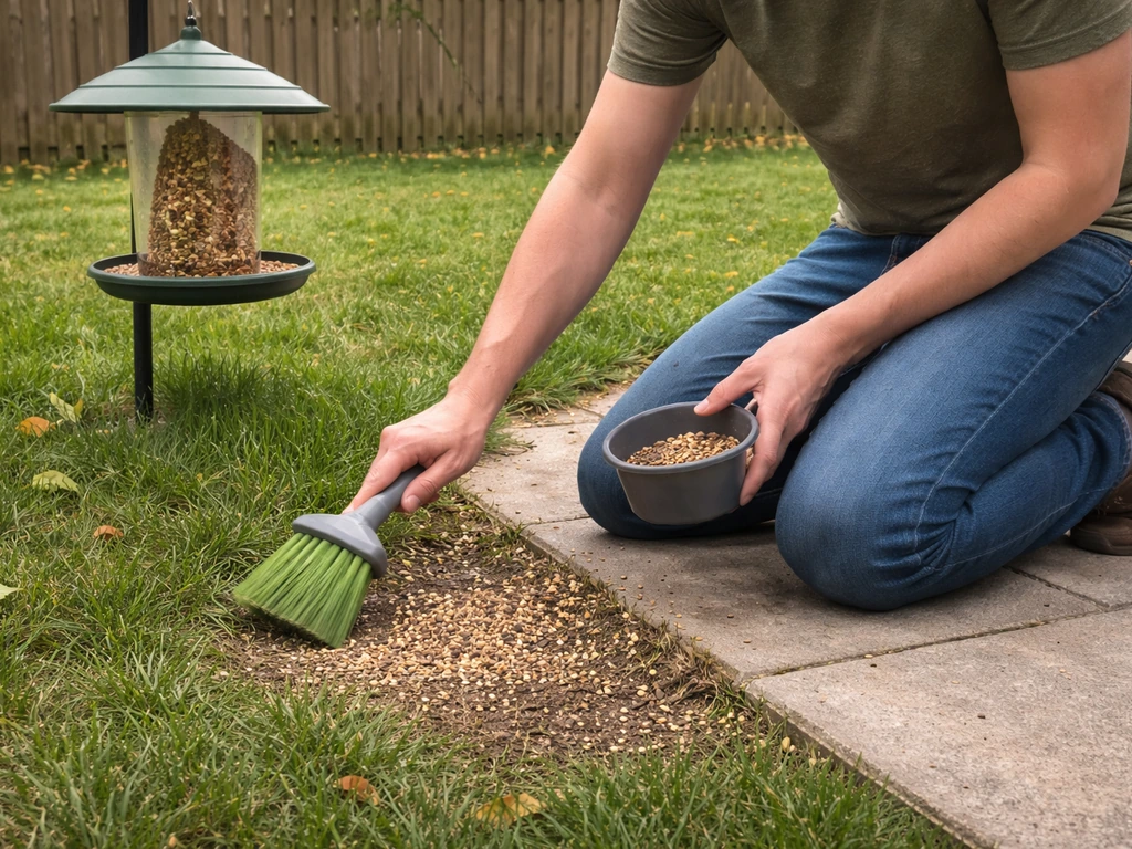 Backyard scene with a person sweeping spilled birdseed away and a covered bird feeder with a tray