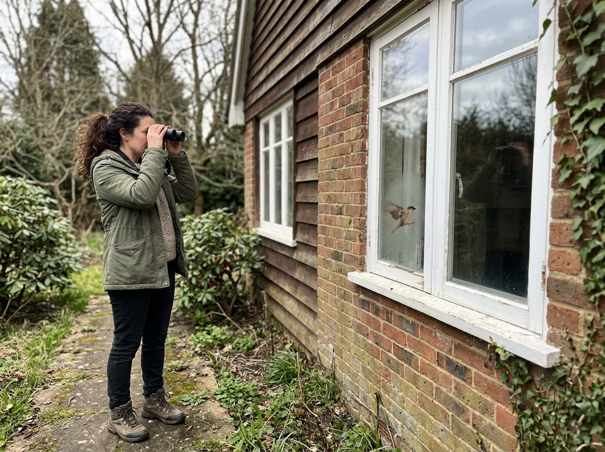 Person observing bird behavior in front of a window
