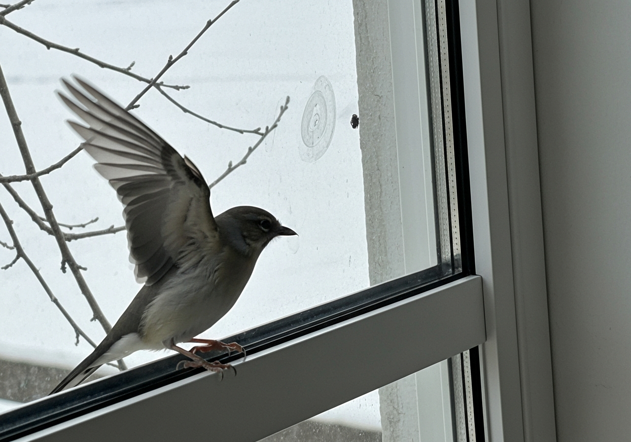 Bird repeatedly charging a window from a perch