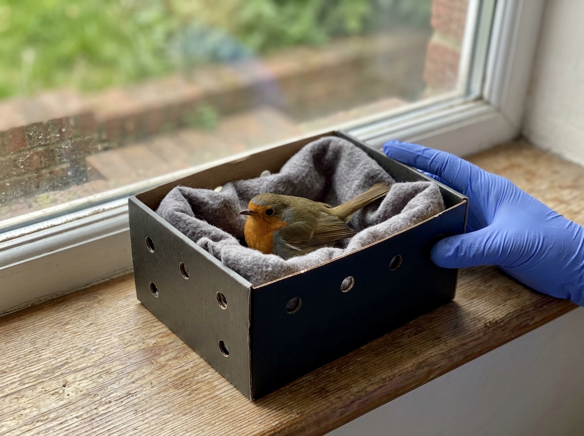 Stunned bird placed in a small ventilated box