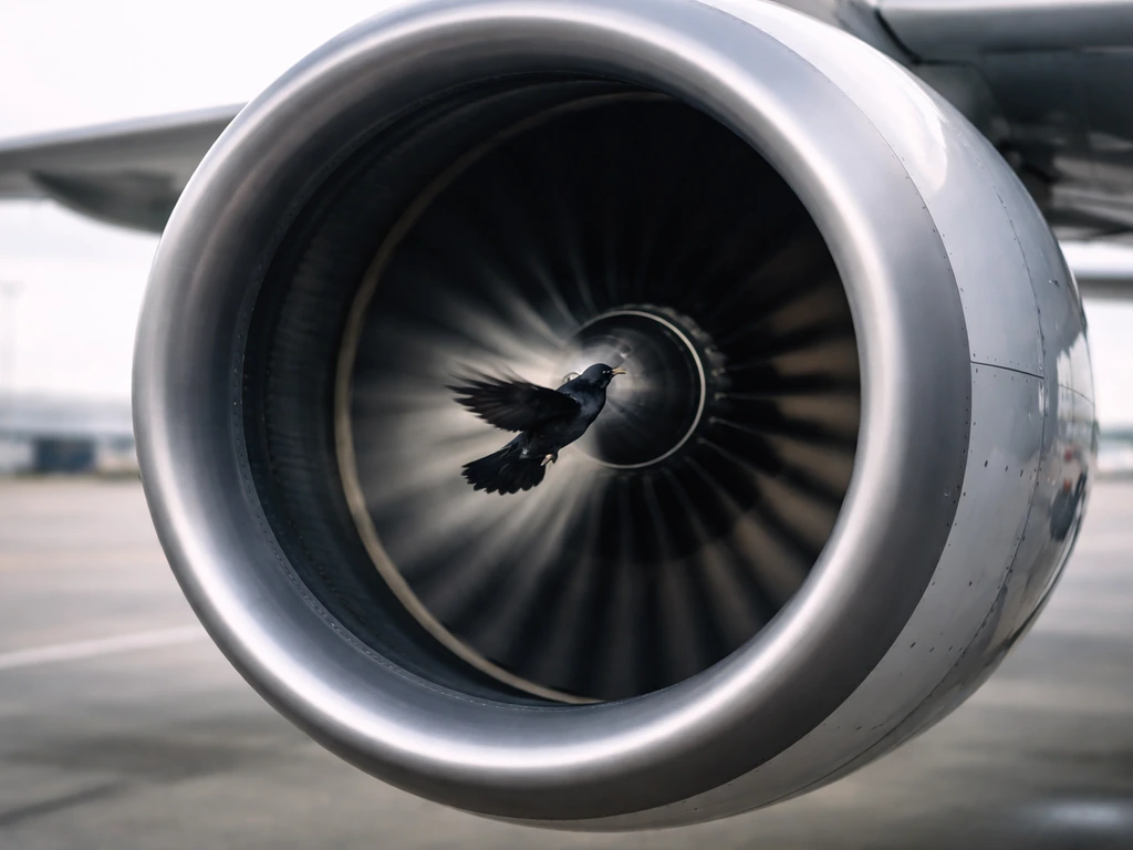 Bird silhouette mid-strike at a plane turbofan engine intake, showing ingestion into the fan area.