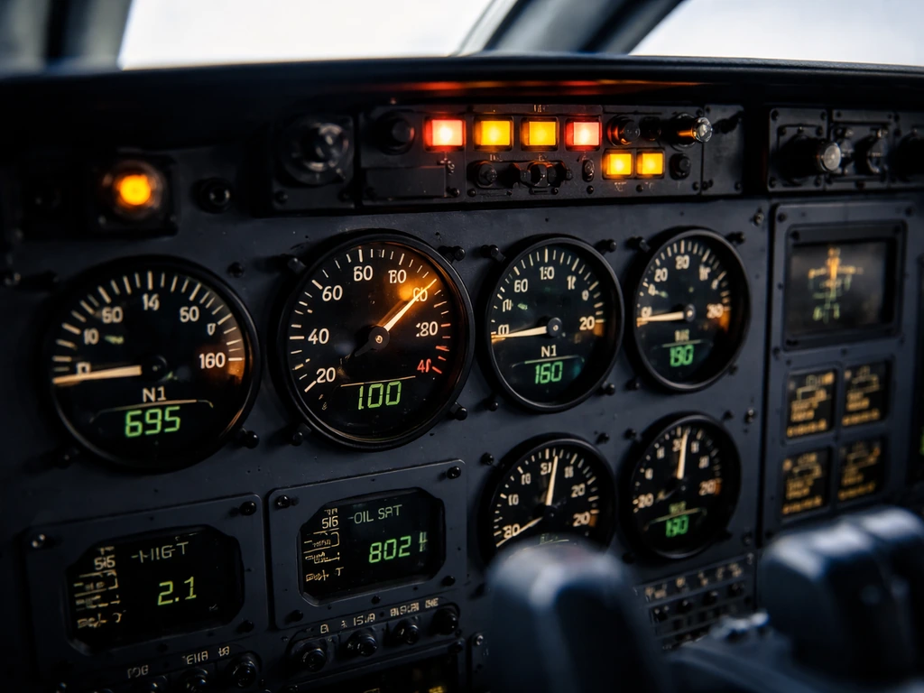 Cockpit engine instrument panel with gauges showing a sudden surge and alert lights illuminated.
