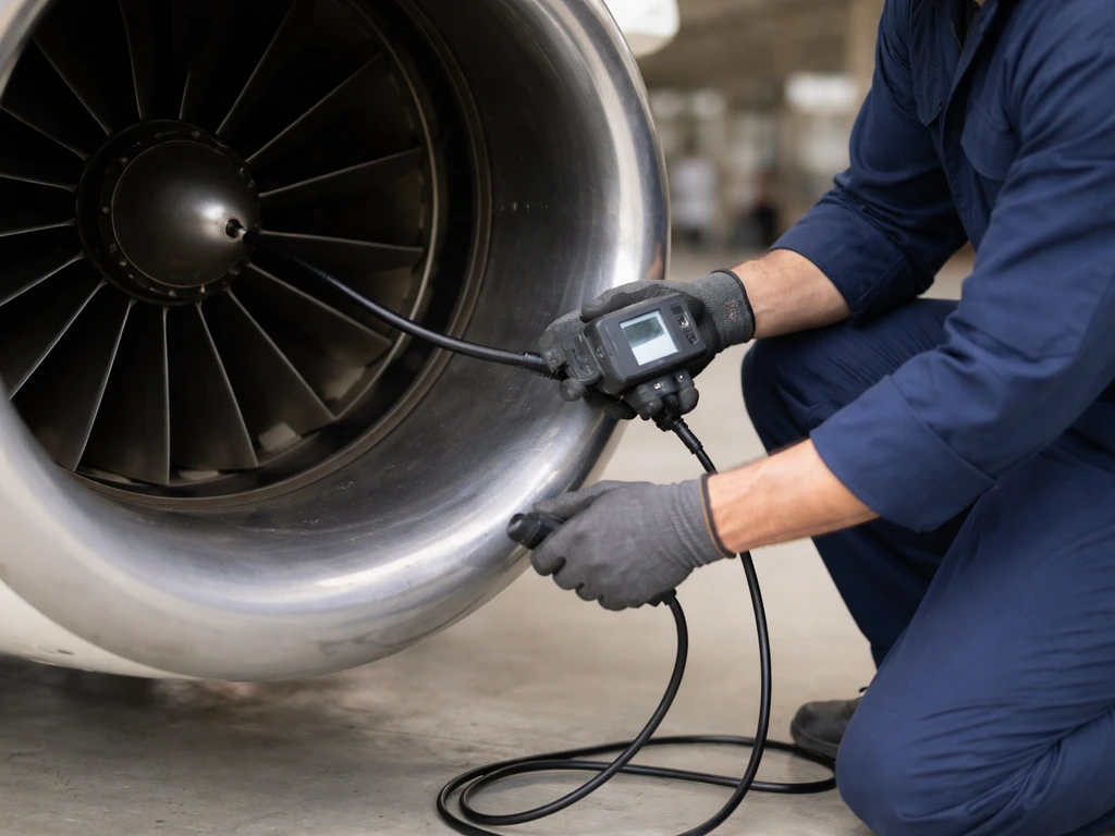 Aircraft engine maintenance technician holding a flexible borescope during an internal inspection