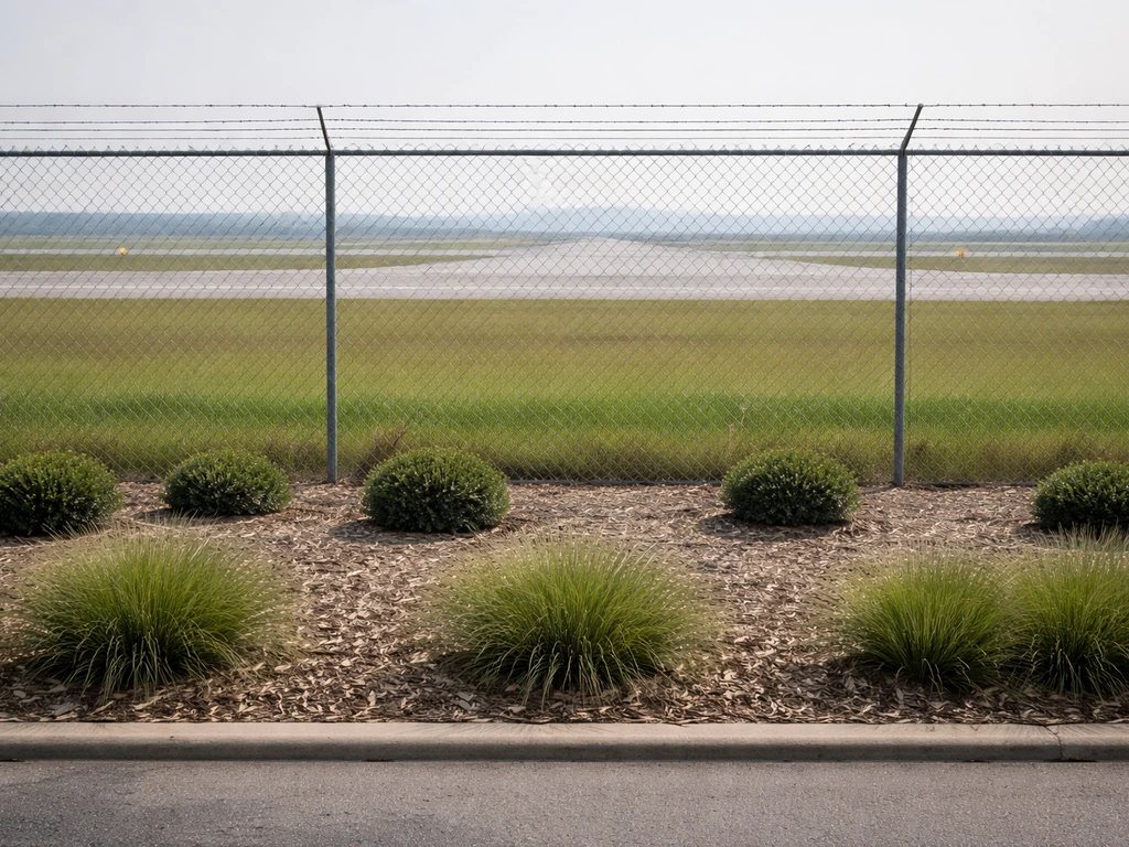 Ground-level view of an airport runway-side perimeter fence and managed vegetation for bird hazard control.