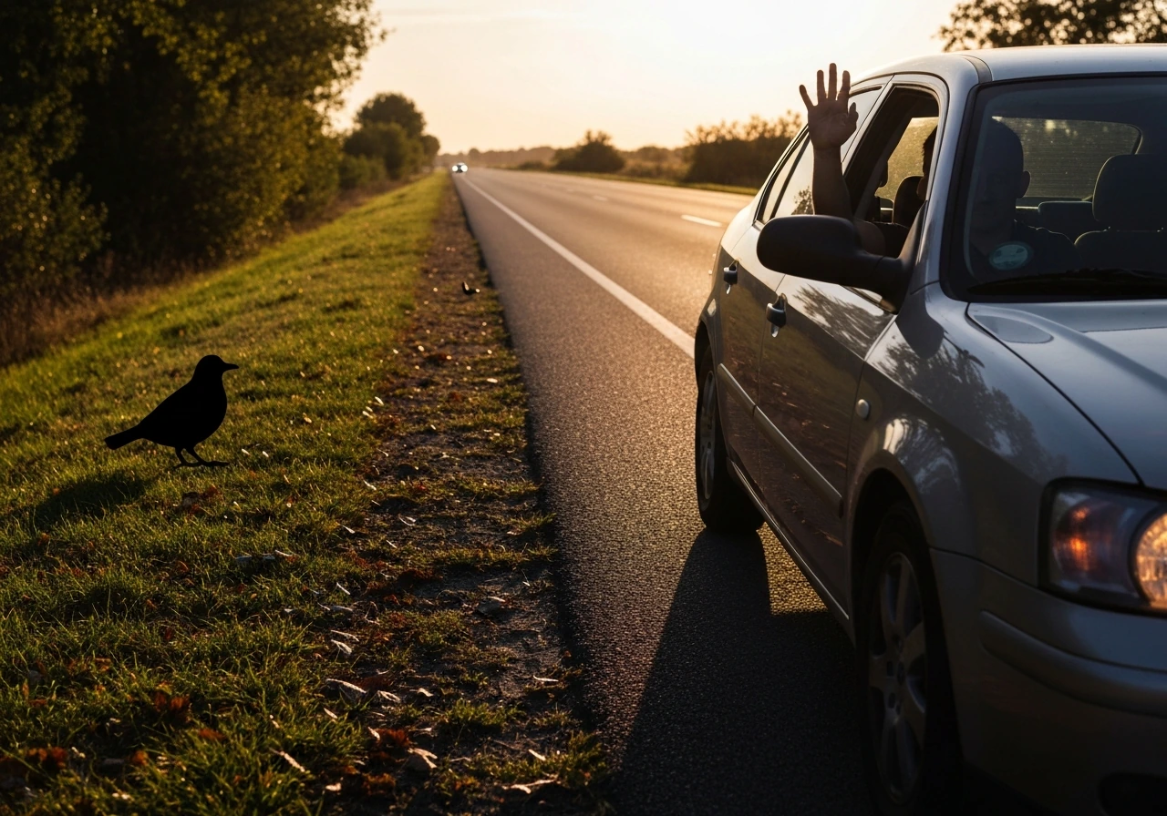 Car pulled over with hazards flashing on a roadside, driver signaling safety after a bird strike