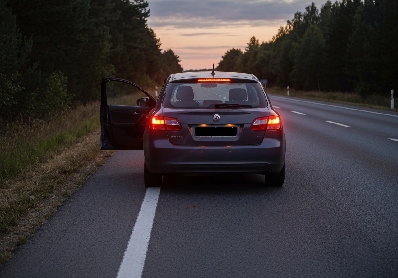 Car pulled fully off-road with hazard lights on, roadside shoulder at dusk, no person outside