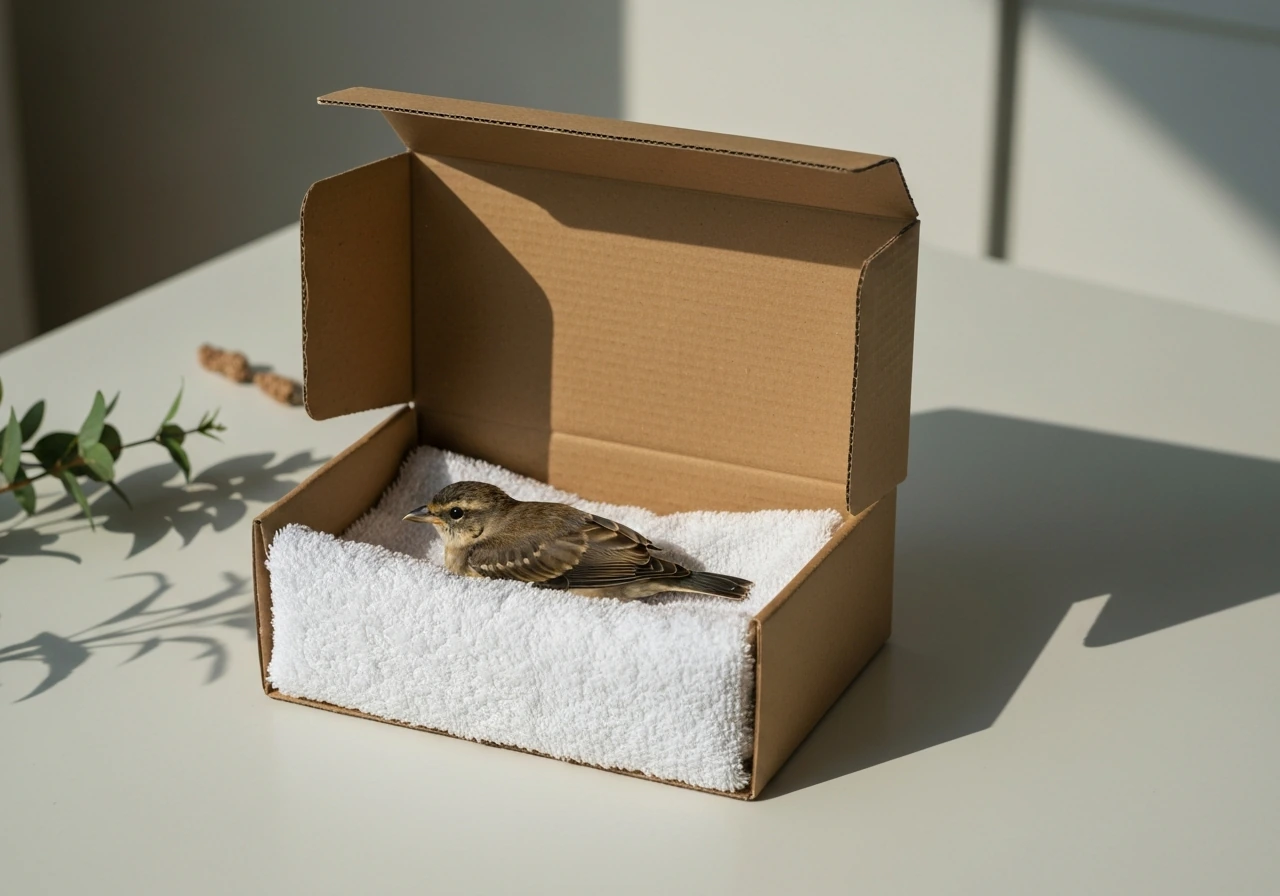 Injured bird safely contained in a lidded cardboard box lined with a towel on a quiet surface.