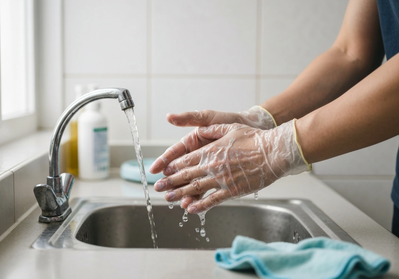 Anonymous gloved hands washing with soap at a sink, suggesting hygiene after cleaning up a bird.