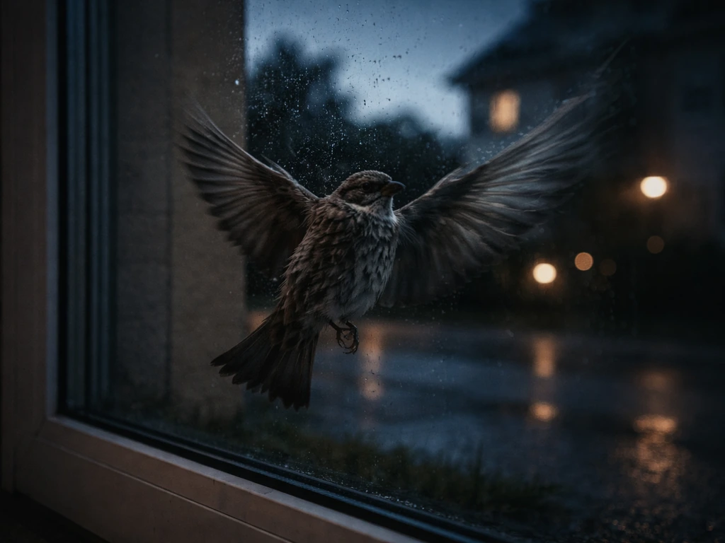 Small songbird colliding with a building window at dusk, glass reflection visible.