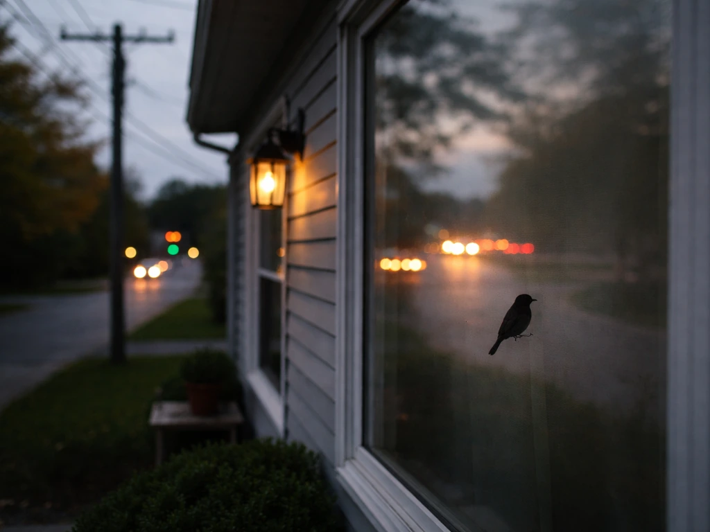 Bird near a window reflection with blurred street traffic and distant power lines.