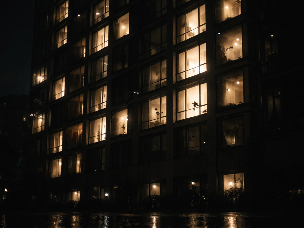 Night building façade with bright windows and a few birds flying toward light reflections on the glass.