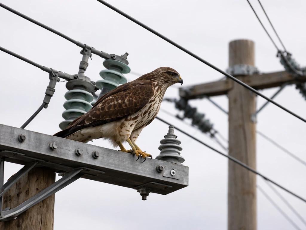 Raptor perched beside power distribution lines and insulators on a utility pole.