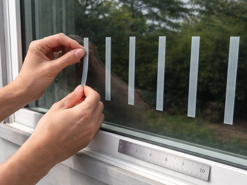 Hands applying narrow external window marker strips with a ruler guide for even 2-inch spacing