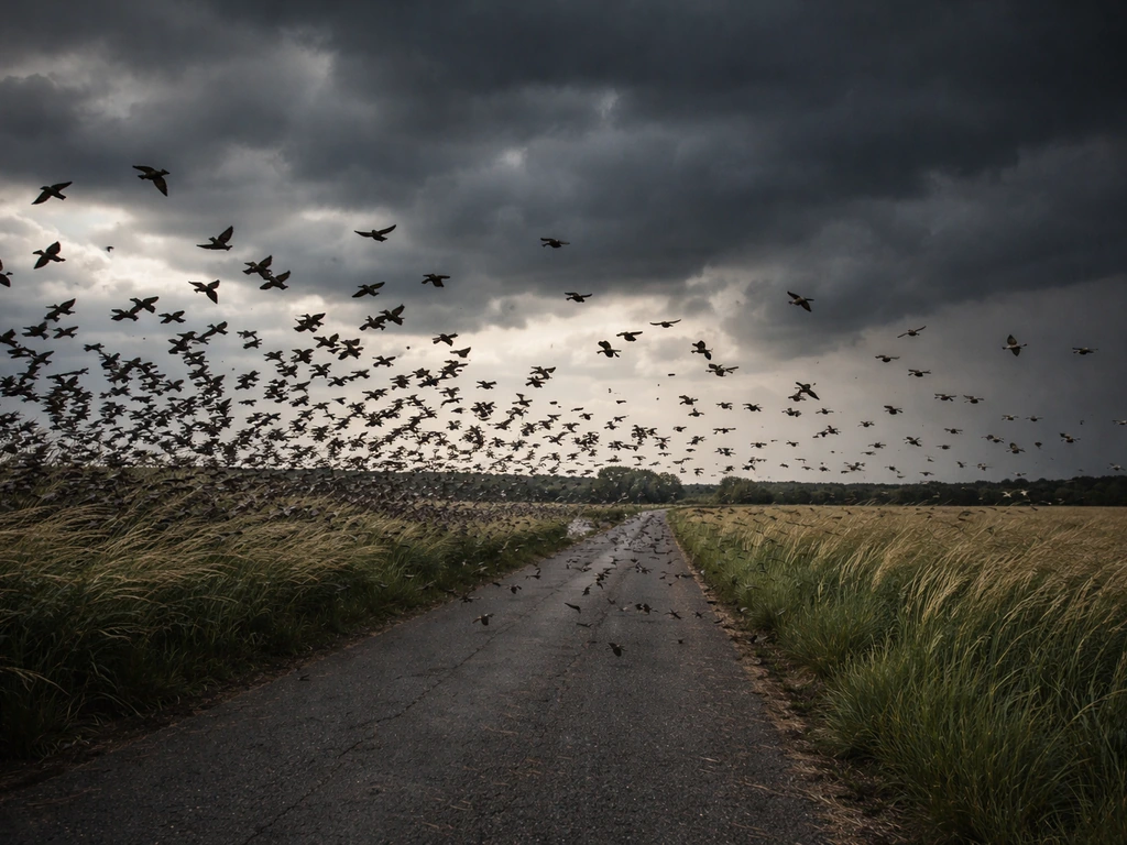 Flock of small birds flying low and clustered over a field as heavy storm clouds gather.