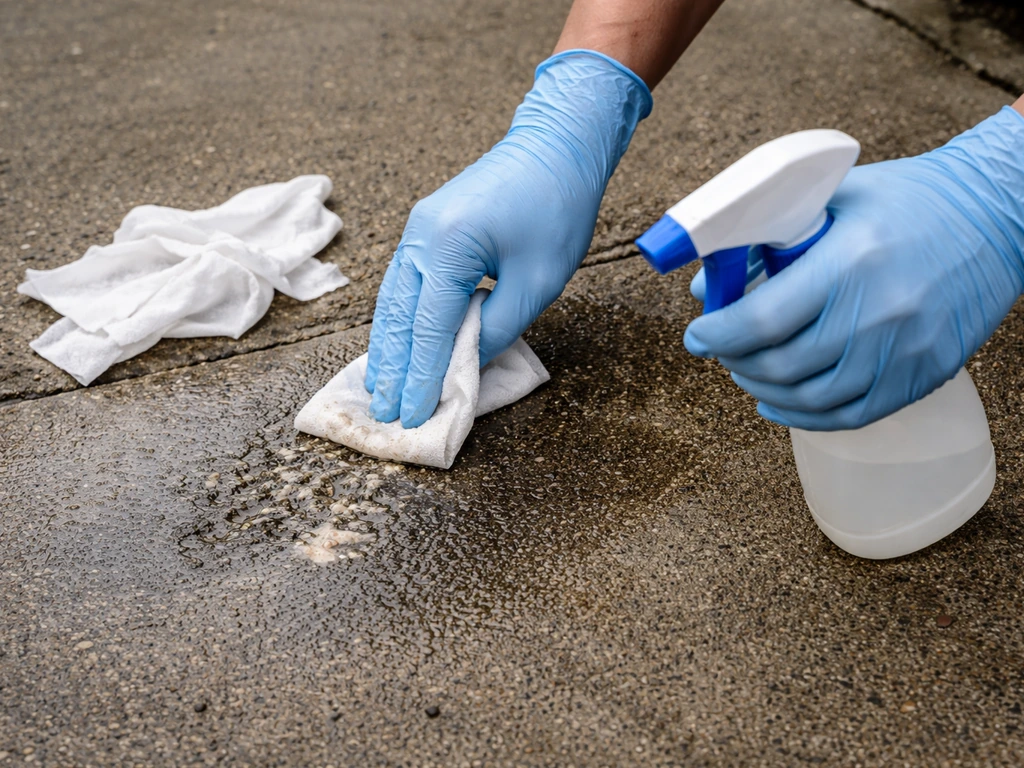 Gloved hands spray a wetting solution and wipe a damp bird-dropping stain on concrete safely.