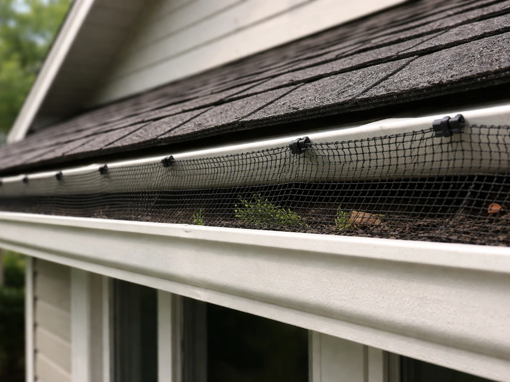 Close view of an eave with bird deterrent netting/mesh installed to prevent roosting buildup.