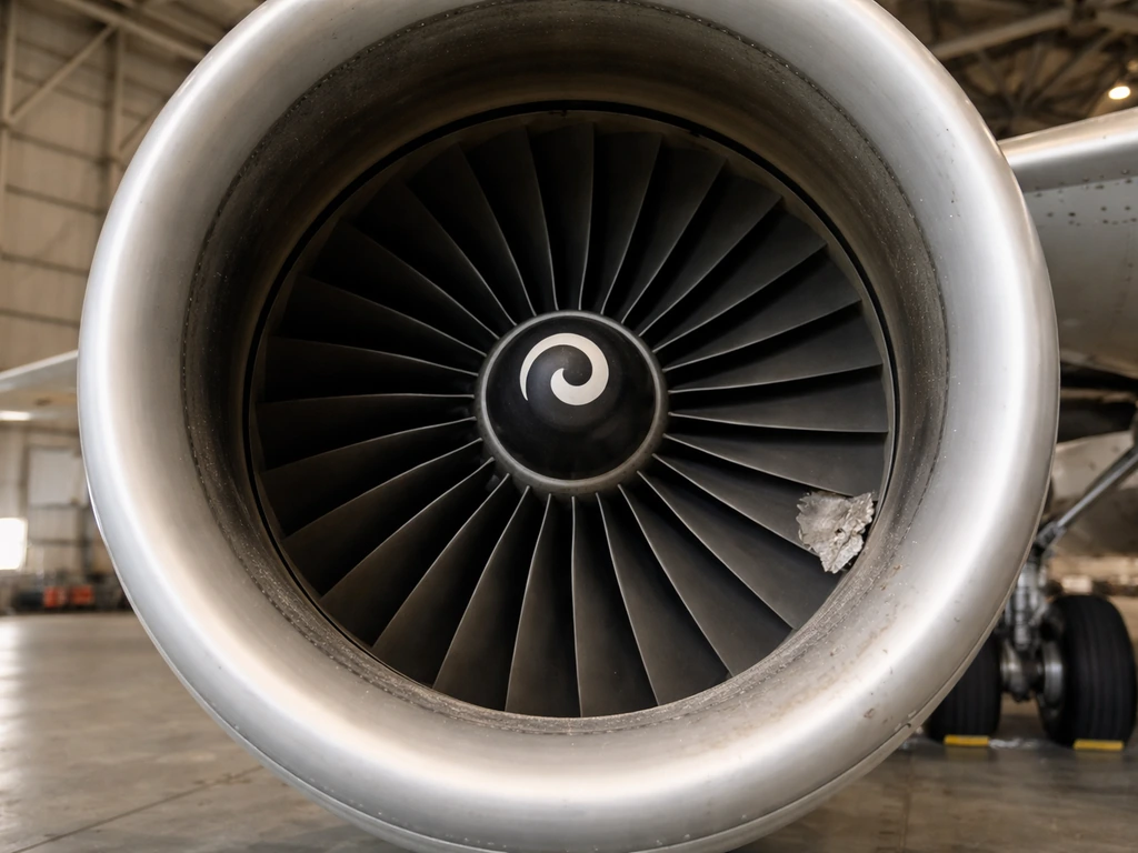 Close-up of a jet engine intake with a damaged fan blade tip in a hangar, no text.