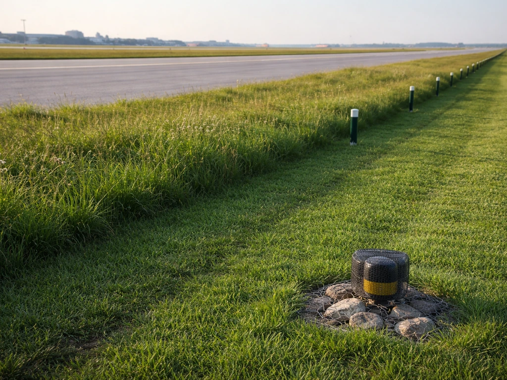 Managed grass field beside runway with controlled mowing height and a simple wildlife deterrent setup
