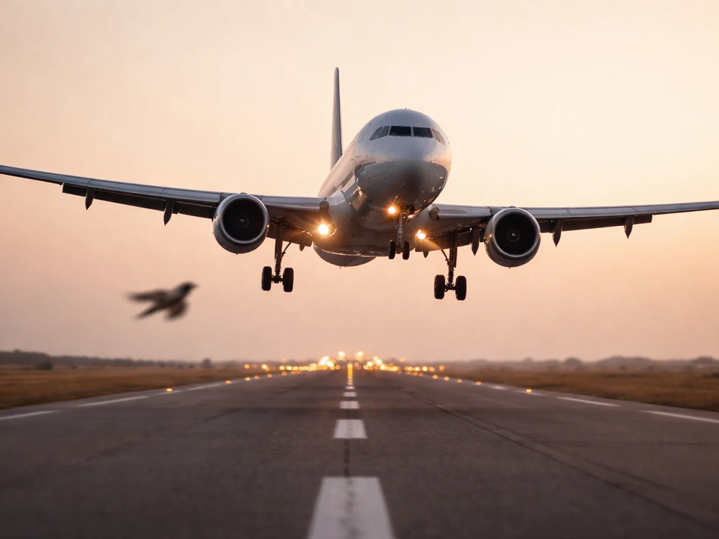 Commercial jet flying low near a flock of birds, with a subtle airframe impact mark visible—dramatic runway approach