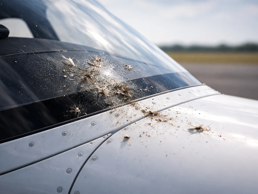 Close-up of a small aircraft windshield with bird-impact debris and speckled marks.