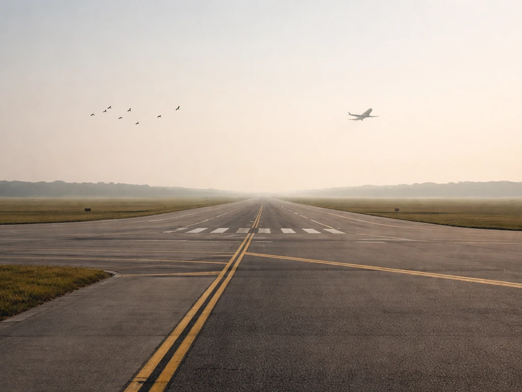 Runway at low altitude with birds in flight and a distant airplane silhouette suggesting ingestion vs impact.