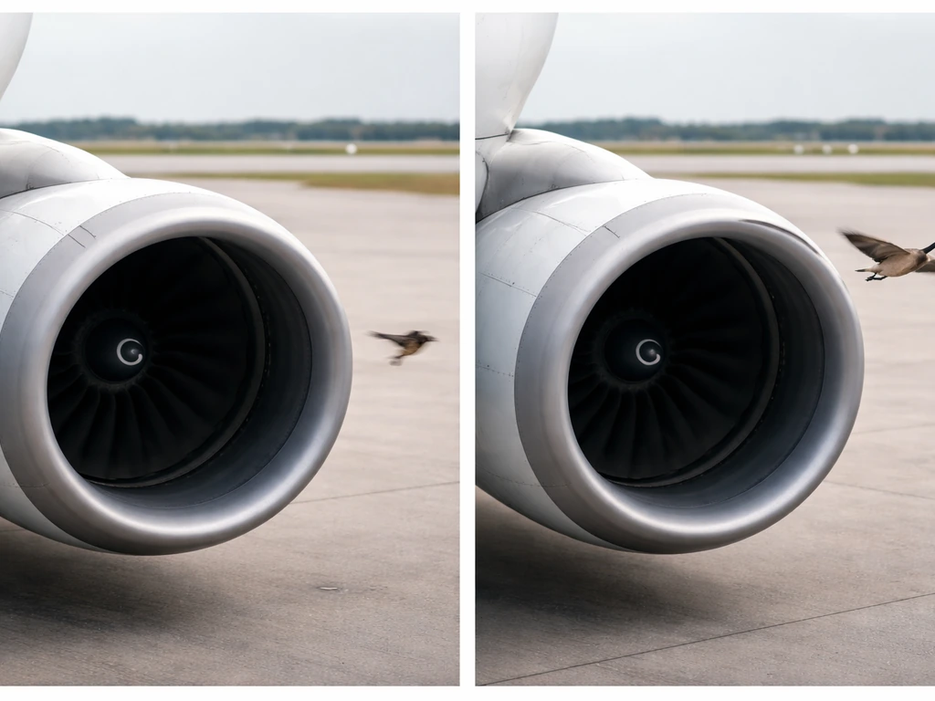 Close-up of an aircraft engine intake with a small bird near the inlet and a larger bird silhouette farther away.