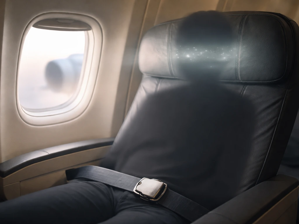 Airplane cabin seat with seatbelt fastened, quiet daylight view, suggesting passengers to follow crew instructions.