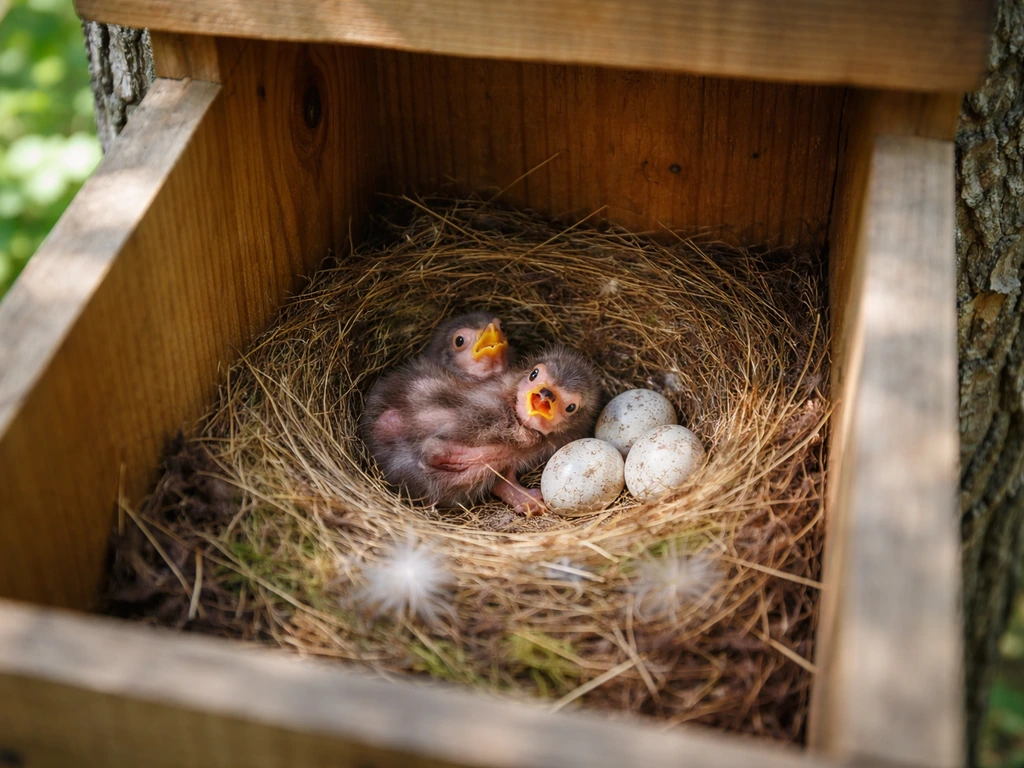 Open bird nest box with eggs and nestlings inside, outdoors in soft natural light.