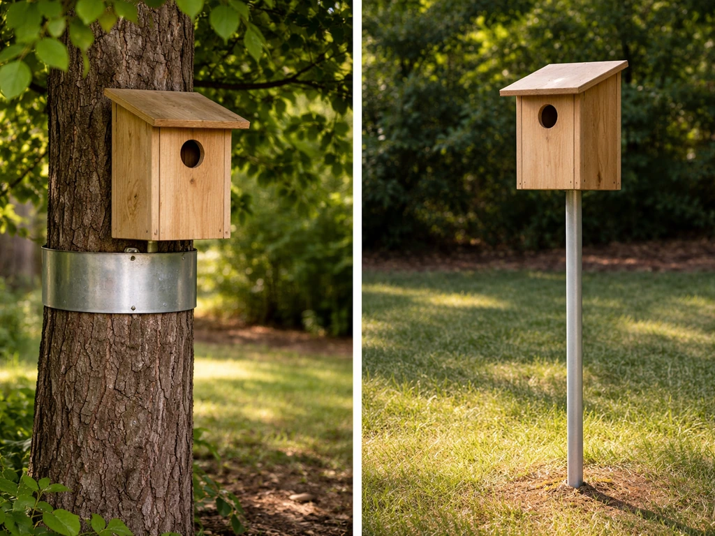 Split view of a safe shaded nest box on a tree versus an unsafe sun-heated nest box on a metal pole.