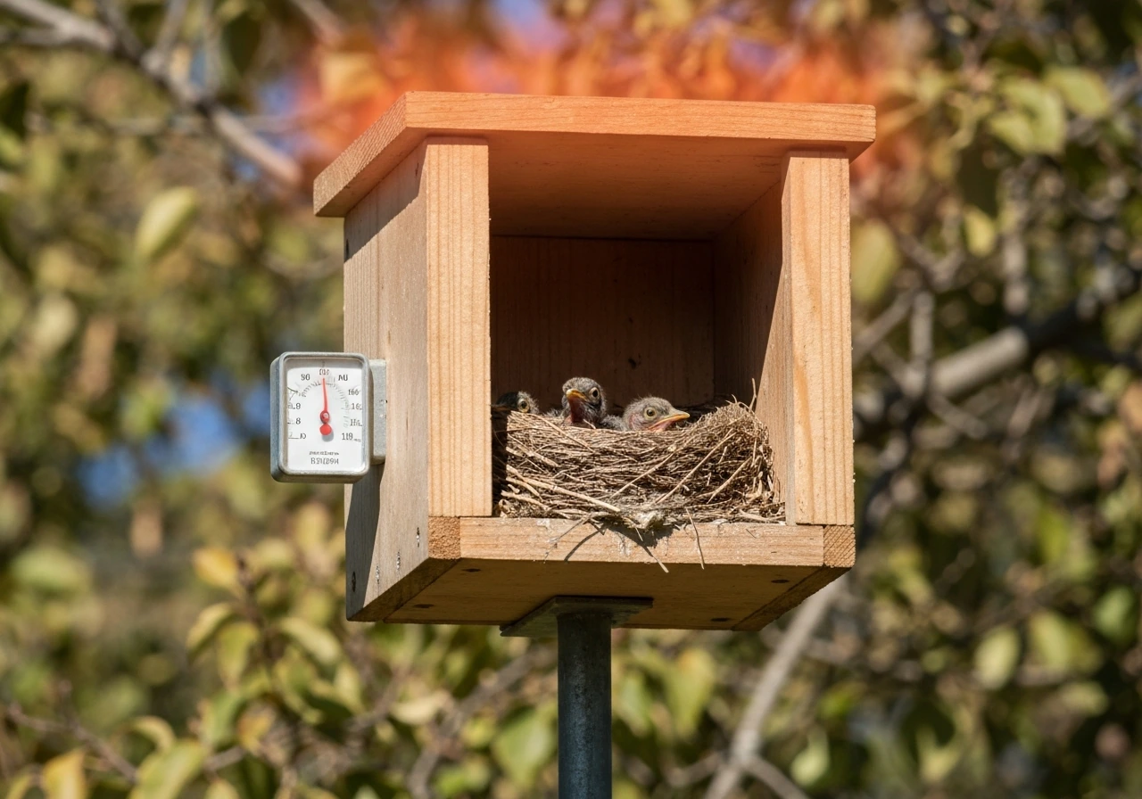 Overheated nest box in full sun with nestlings visible and a small heat indicator near it