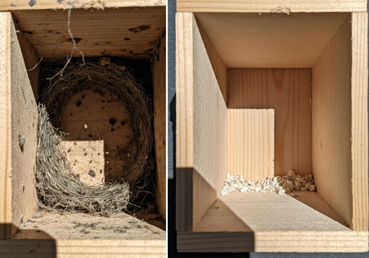 Split view of a nest box: old nesting material with subtle mite-like specks vs a clean scrubbed interior.