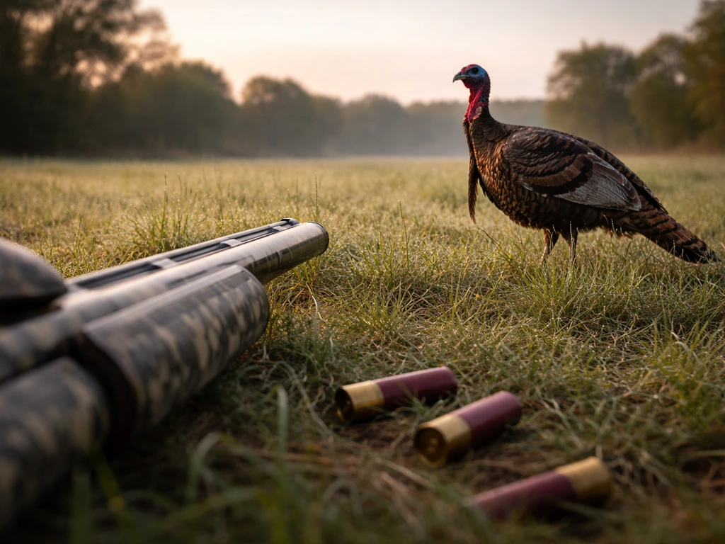 Turkey in a hunting field with a shotgun and birdshot shells in the foreground