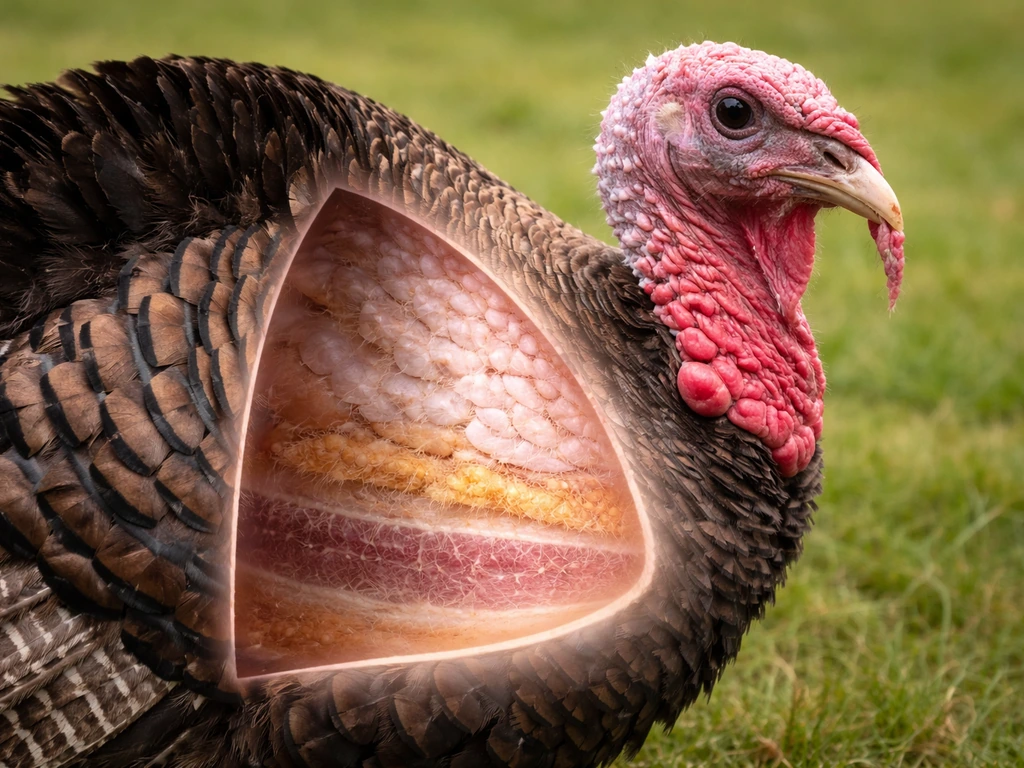 Close-up of turkey feathers and an exposed neck area with a small bloodless cross-sectional-style overlay effect