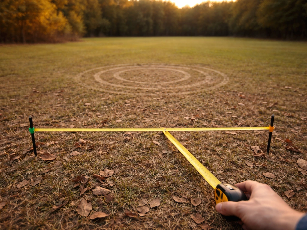 Measuring tape and small stakes on a grassy field with subtle ground rings indicating pattern density by distance.