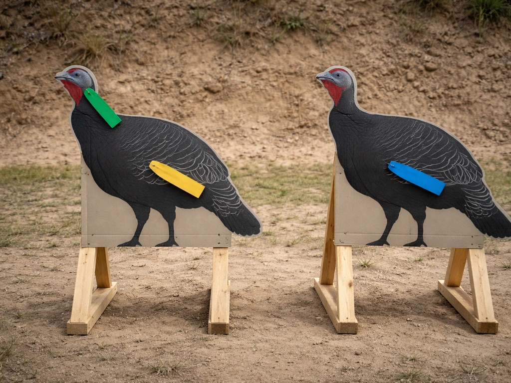 Two turkey silhouette targets on a range showing head/neck vs risky body-shot angles.