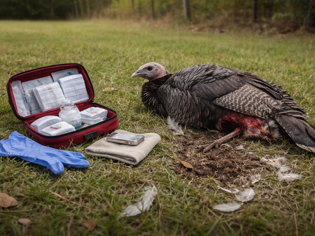 Injured wild turkey on grass with nearby first-aid items and gloves, showing a non-gory aftermath scene.