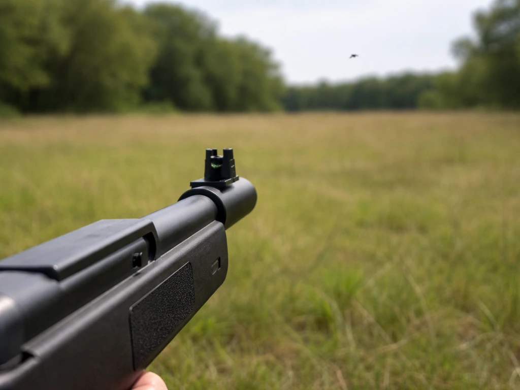 Close-up of a pellet gun outdoors aimed safely, with a bird visible far in the distance.