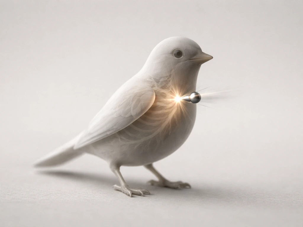 A pellet striking a small bird silhouette, showing internal anatomy-inspired injury without graphic detail.