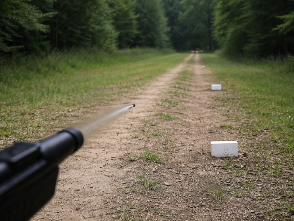 Two pellet trajectories outdoors: pellets leaving a muzzle toward markers at 10 ft and 50 yards