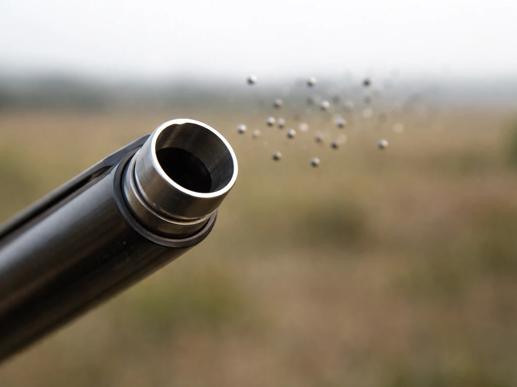 Close-up shotgun muzzle with out-of-focus pellets flying forward in natural light.