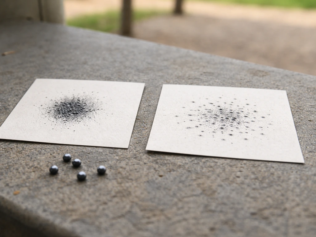 Two side-by-side paper pattern cards on a concrete range bench showing denser vs wider pellet spread.