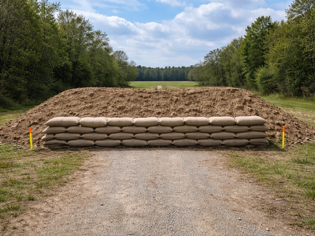 Earthen berm made from sandbags in a shooting field, with an open, safe beyond area visible.