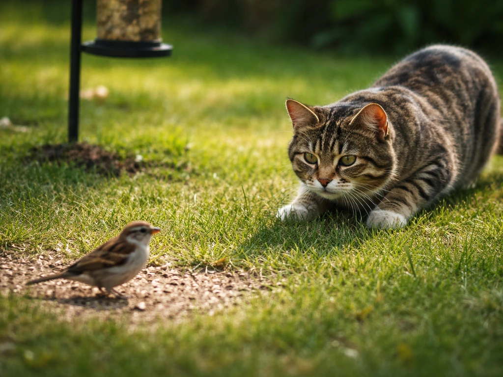 A cat crouches beside a bird near a backyard feeder, with both animals tense and alert.