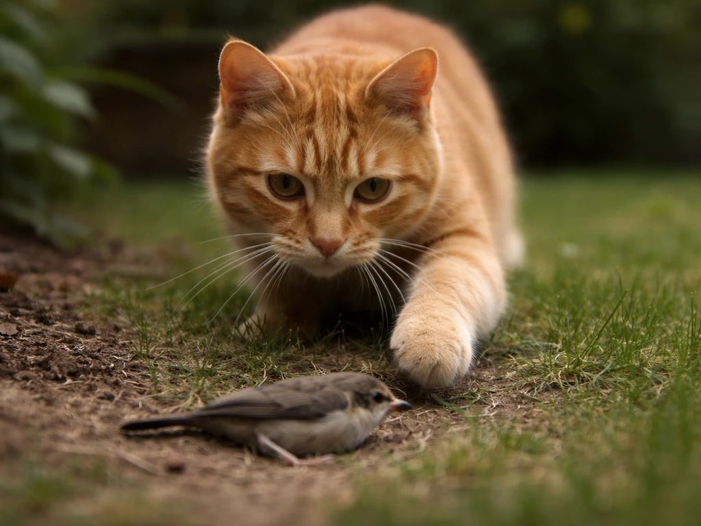 Orange tabby cat crouched in a stalking posture with a small bird on the ground nearby.