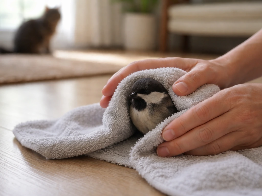 Person gently uses a towel to contain a small bird on the floor, separated from a cat off-screen